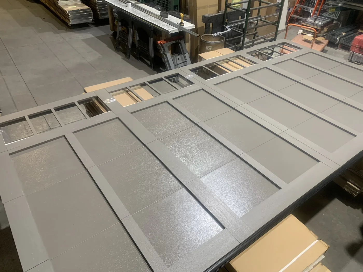 Grey carriage overlay garage door, panel detail