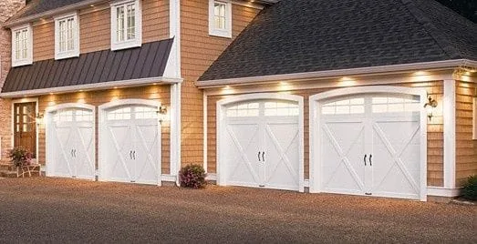White carriage overlay double garage door with X-brace trim — GTA
